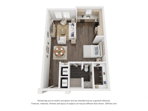 Floor plan for studio, 1 bath, 689 sqft